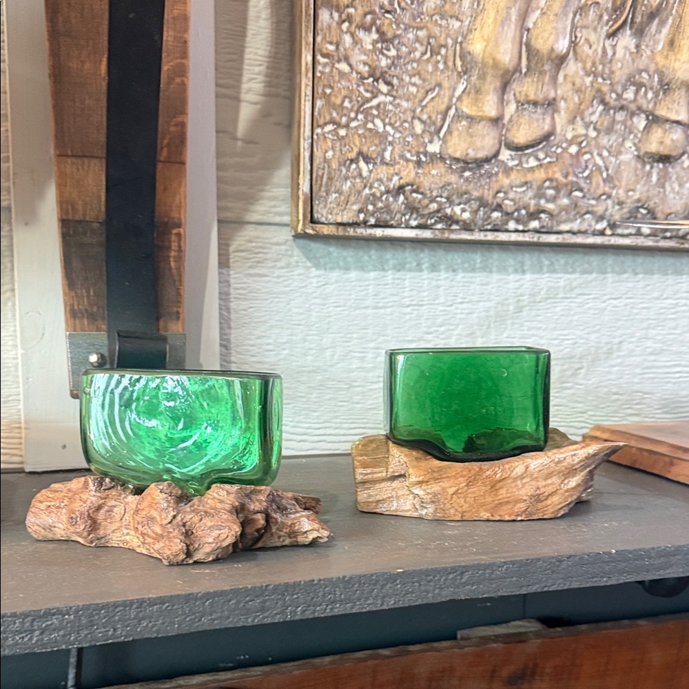 Set of two Blown Green Glass Sculpture on Driftwood Base - Art Glass Home Accent